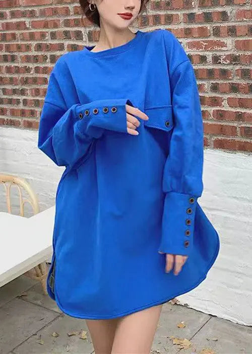 Plus Size Blue O Neck Side Open Cotton Tops Fall Ada Fashion