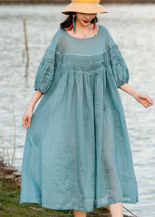 Plus Size Blue O Neck Wrinkled Patchwork Linen Dresses Summer LY2513 - fabuloryshop