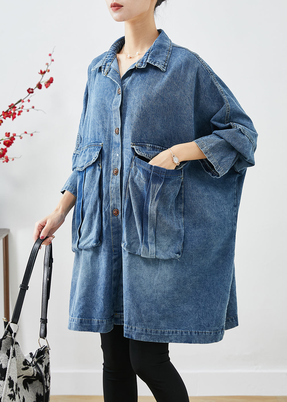 Plus Size Blue Oversized Big Pockets Denim Coats Fall Ada Fashion