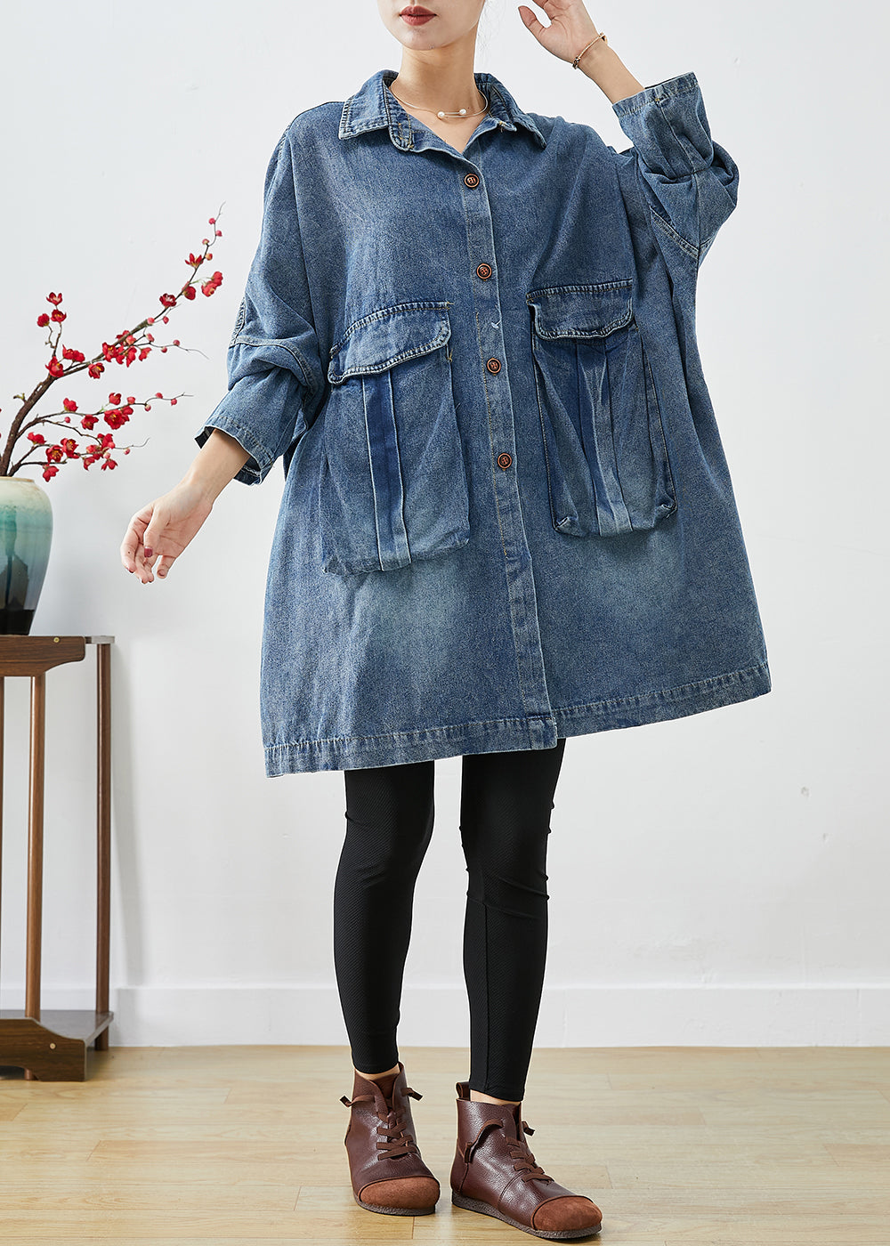 Plus Size Blue Oversized Big Pockets Denim Coats Fall Ada Fashion