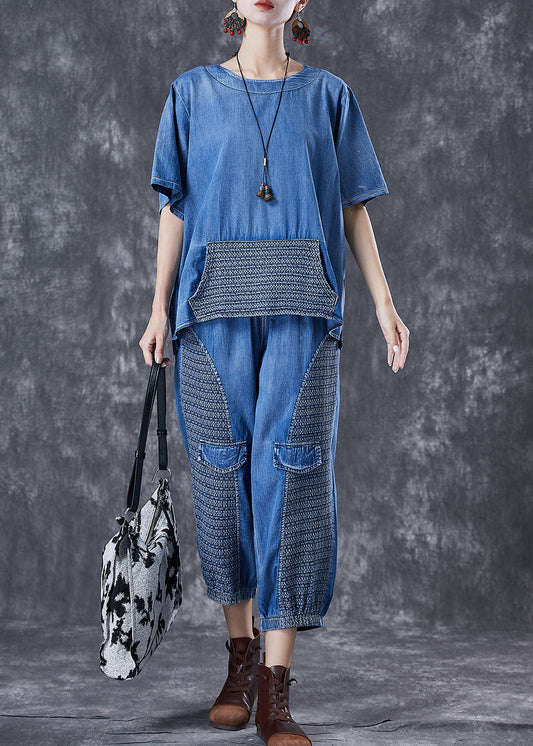 Plus Size Blue Oversized Patchwork Pockets Denim Two Pieces Set Summer LY6710 - fabuloryshop