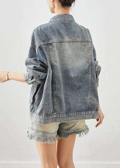 Plus Size Blue Oversized Pockets Applique Denim Coats Fall Ada Fashion