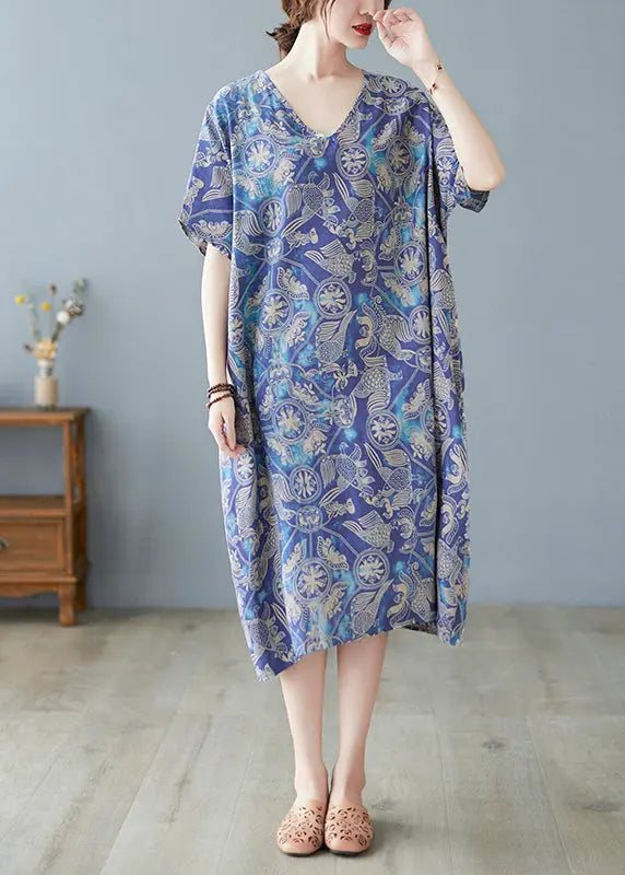 Plus Size Blue Oversized Print Cotton Beach Dress Summer Ada Fashion