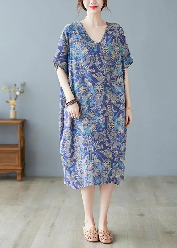 Plus Size Blue Oversized Print Cotton Beach Dress Summer Ada Fashion