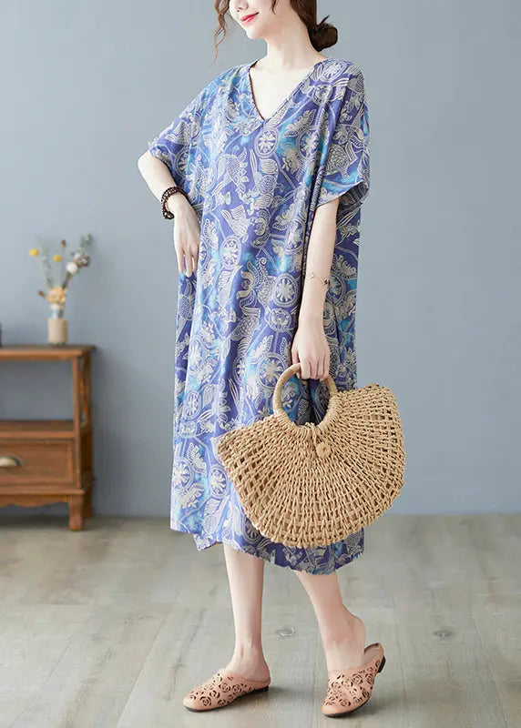 Plus Size Blue Oversized Print Cotton Beach Dress Summer Ada Fashion