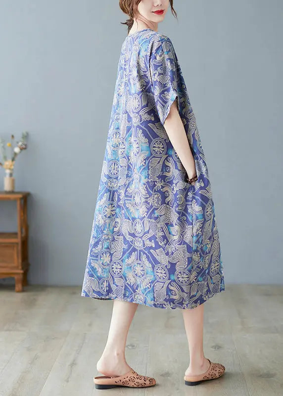 Plus Size Blue Oversized Print Cotton Beach Dress Summer Ada Fashion