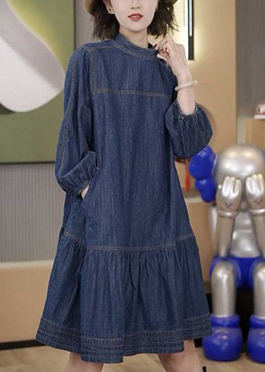 Plus Size Blue Patchwork Wrinkled Denim Mid Dresses Long Sleeve LY4430 - fabuloryshop