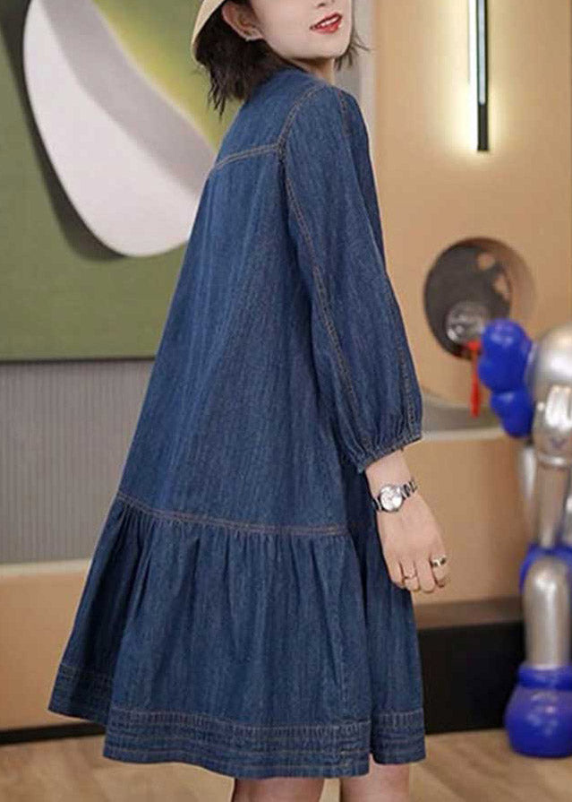 Plus Size Blue Patchwork Wrinkled Denim Mid Dresses Long Sleeve LY4430 - fabuloryshop
