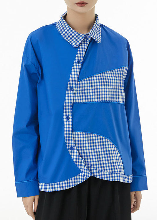 Plus Size Blue Peter Pan Collar Patchwork Plaid Cotton Shirts Spring LC0145 - fabuloryshop