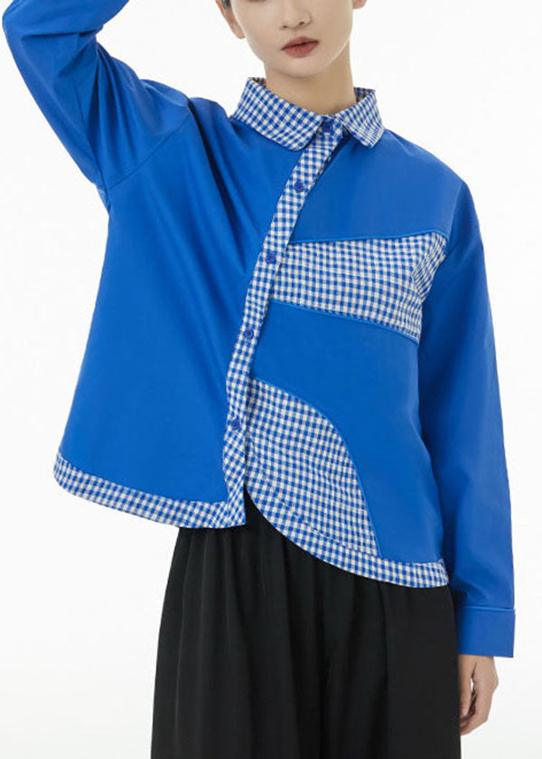 Plus Size Blue Peter Pan Collar Patchwork Plaid Cotton Shirts Spring LC0145 - fabuloryshop