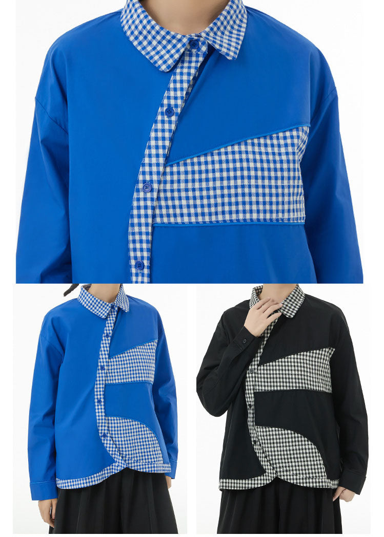 Plus Size Blue Peter Pan Collar Patchwork Plaid Cotton Shirts Spring LC0145 - fabuloryshop