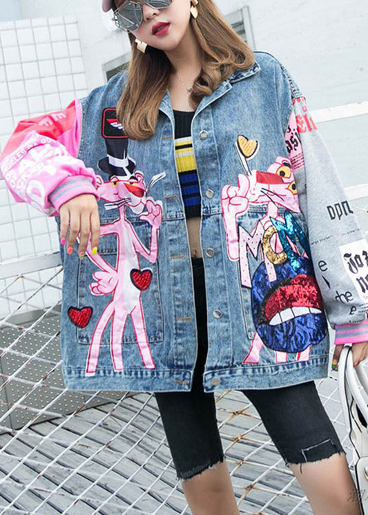 Plus Size Blue Peter Pan Collar Pink Leopard Print Patchwork Sequins Button Denim Coat Long Sleeve LY6028 - fabuloryshop