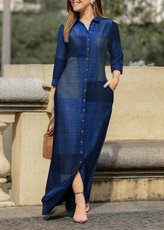 Plus Size Blue Peter Pan Collar Plaid Button Maxi Shirt Dresses Spring LC0061 - fabuloryshop