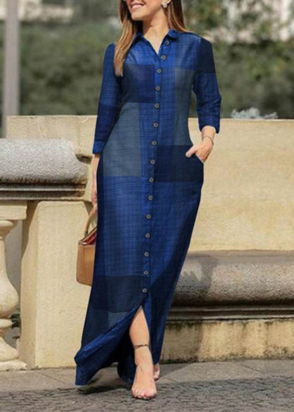 Plus Size Blue Peter Pan Collar Plaid Button Maxi Shirt Dresses Spring LC0061 - fabuloryshop