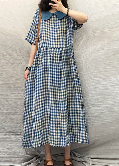 Plus Size Blue Peter Pan Collar Plaid Linen Dresses  Summer LY0530 - fabuloryshop