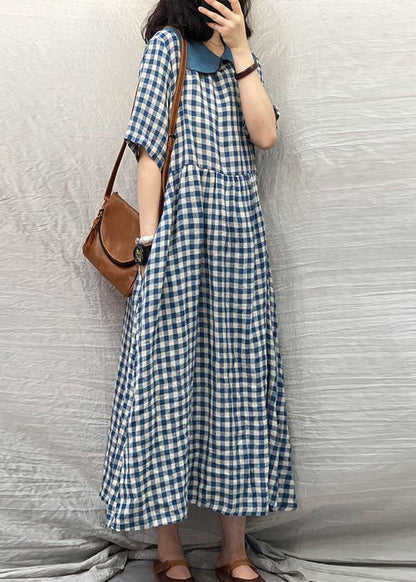 Plus Size Blue Peter Pan Collar Plaid Linen Dresses  Summer LY0530 - fabuloryshop