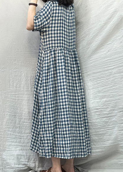 Plus Size Blue Peter Pan Collar Plaid Linen Dresses  Summer LY0530 - fabuloryshop