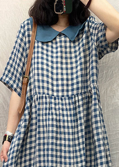 Plus Size Blue Peter Pan Collar Plaid Linen Dresses  Summer LY0530 - fabuloryshop