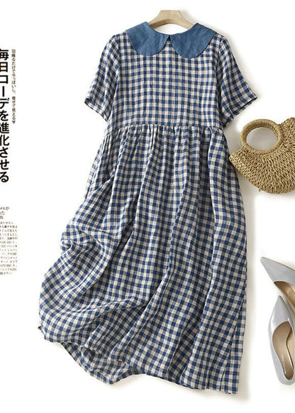 Plus Size Blue Peter Pan Collar Plaid Linen Dresses  Summer LY0530 - fabuloryshop