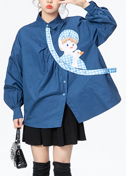 Plus Size Blue Peter Pan Collar Print Button Cotton Shirts Long Sleeve LY0745 - fabuloryshop