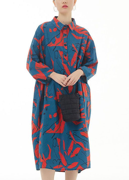 Plus Size Blue Peter Pan Collar Print Patchwork Cotton Shirts Dress Spring LY1167 - fabuloryshop