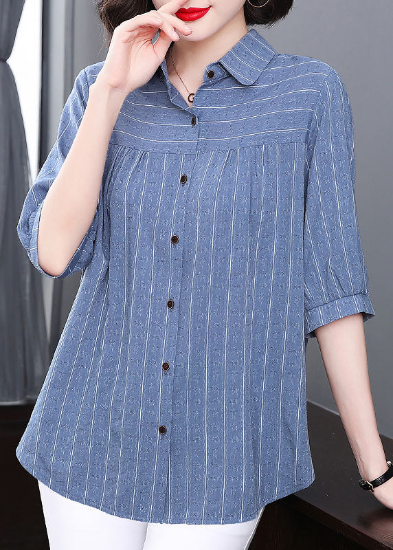 Plus Size Blue Peter Pan Collar Striped Patchwork Cotton Shirt Tops Summer TQ1005