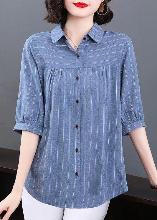 Plus Size Blue Peter Pan Collar Striped Patchwork Cotton Shirt Tops Summer TQ1005 - fabuloryshop