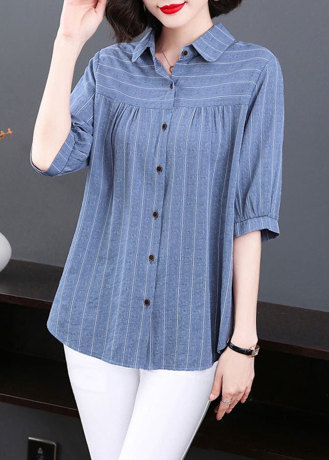 Plus Size Blue Peter Pan Collar Striped Patchwork Cotton Shirt Tops Summer Ada Fashion