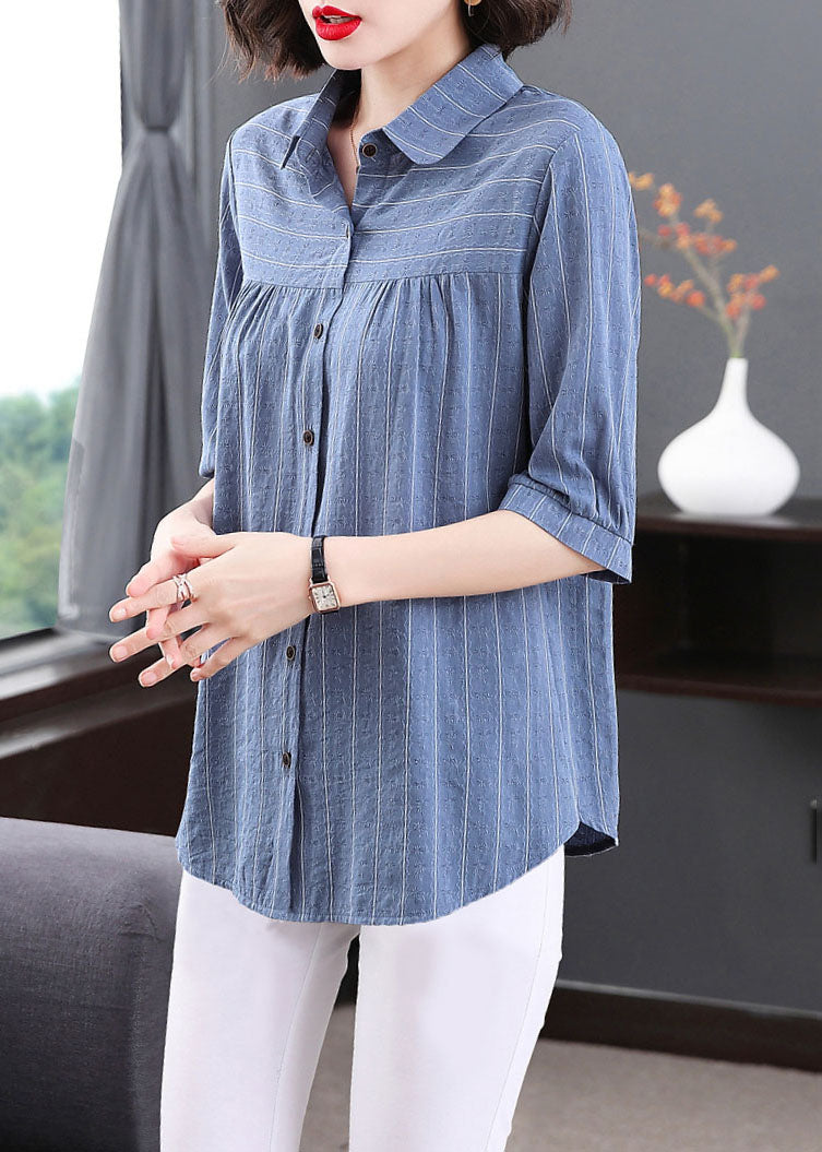 Plus Size Blue Peter Pan Collar Striped Patchwork Cotton Shirt Tops Summer Ada Fashion