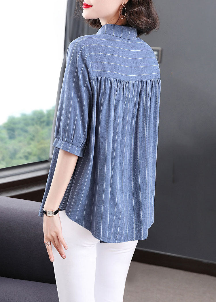 Plus Size Blue Peter Pan Collar Striped Patchwork Cotton Shirt Tops Summer Ada Fashion