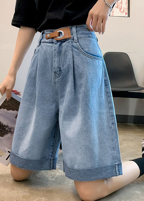 Plus Size Blue Pockets Patchwork Sashes Shorts Summer LY5246 - fabuloryshop