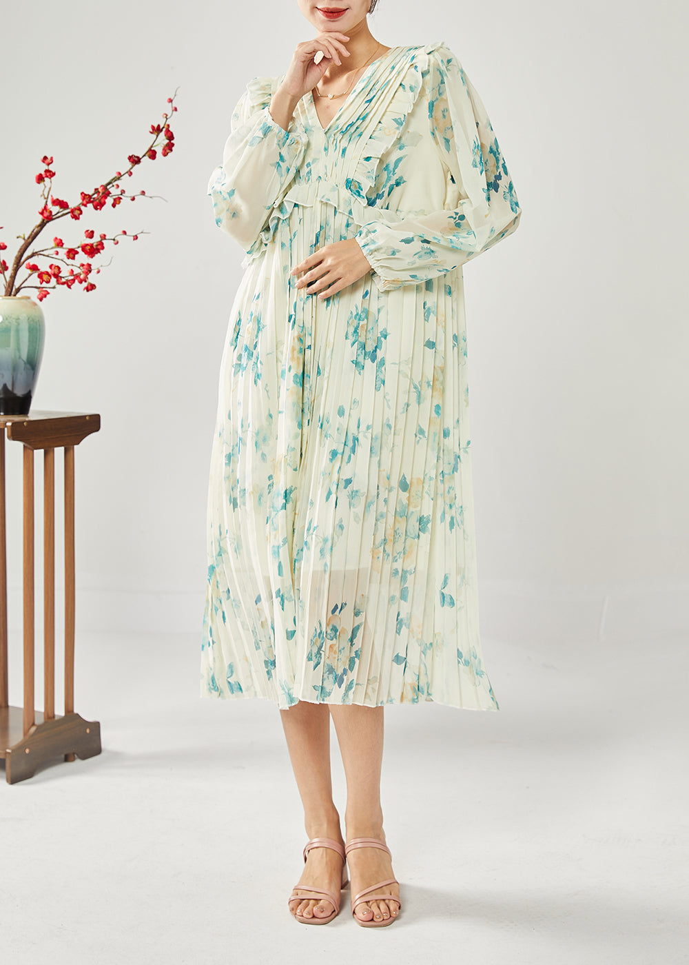 Plus Size Blue Print Patchwork Ruffles Wrinkled Chiffon Long Dress Spring LY1815 - fabuloryshop