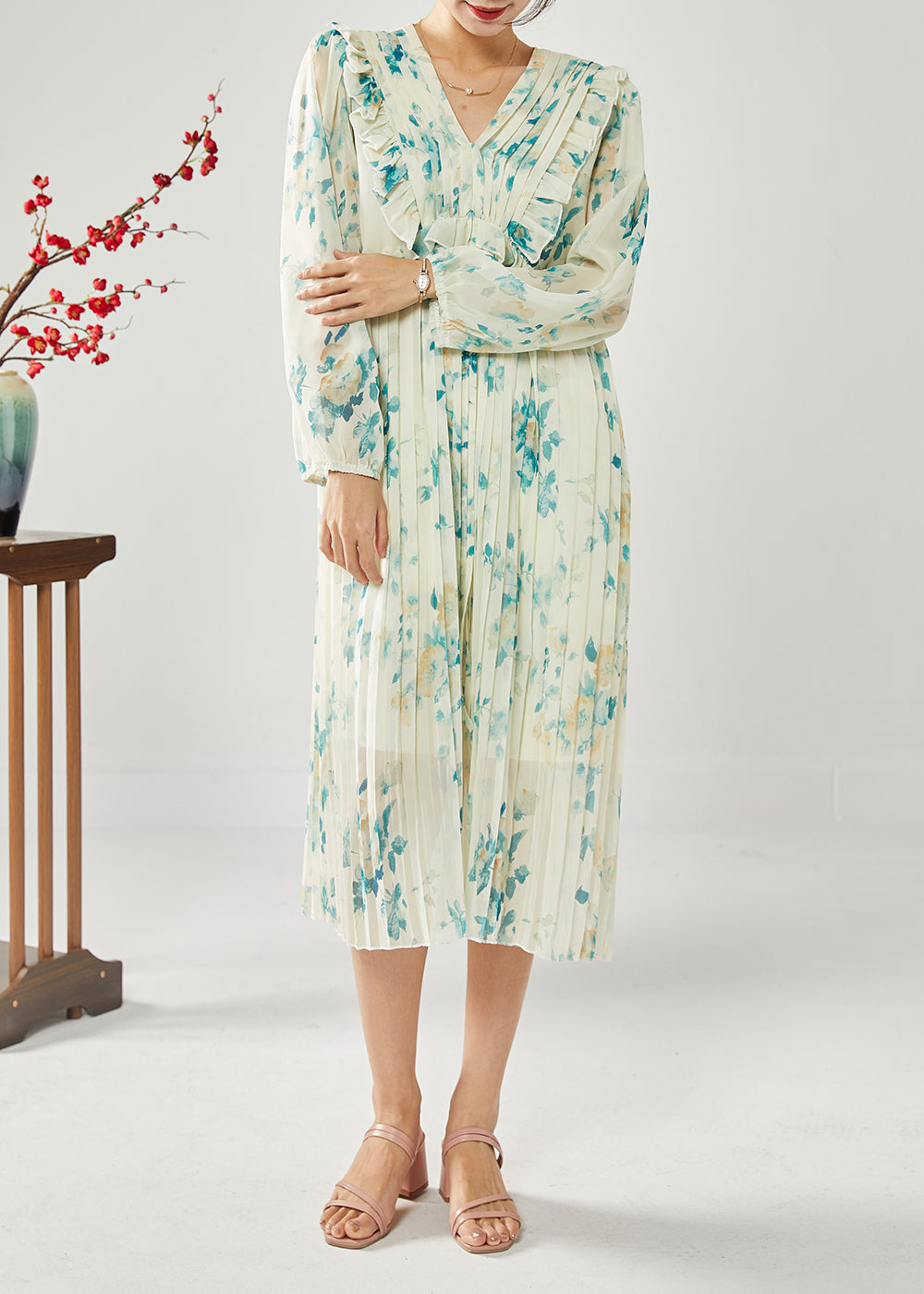 Plus Size Blue Print Patchwork Ruffles Wrinkled Chiffon Long Dress Spring LY1815 - fabuloryshop