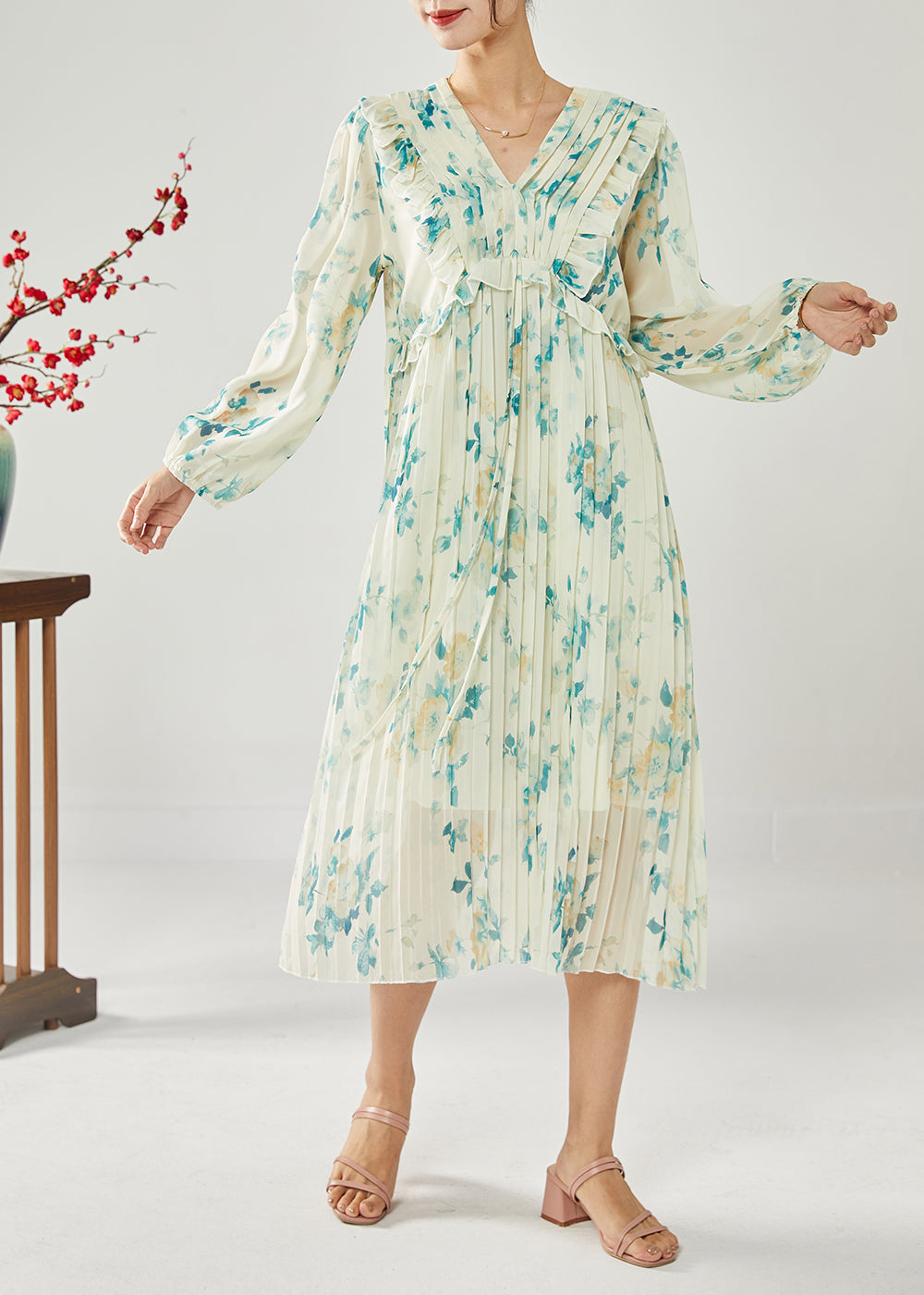 Plus Size Blue Print Patchwork Ruffles Wrinkled Chiffon Long Dress Spring LY1815 - fabuloryshop