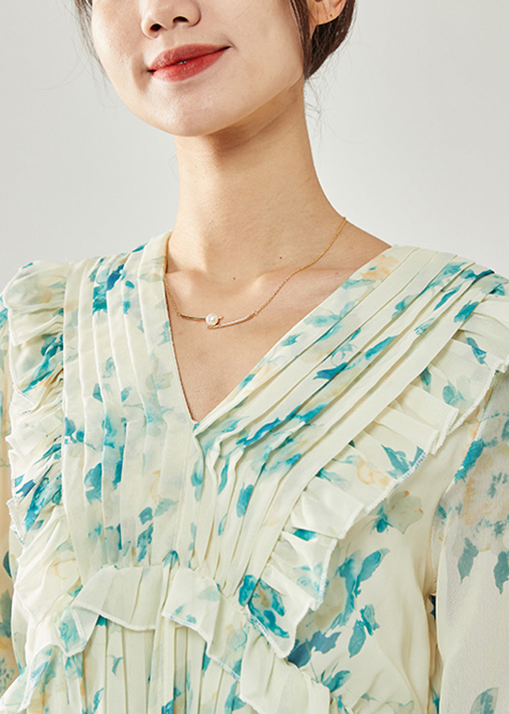 Plus Size Blue Print Patchwork Ruffles Wrinkled Chiffon Long Dress Spring LY1815 - fabuloryshop