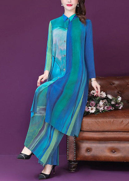 Plus Size Blue Print Side Open Silk Long Shirt And Wide Leg Pants Two Pieces Set Spring LY1017 - fabuloryshop