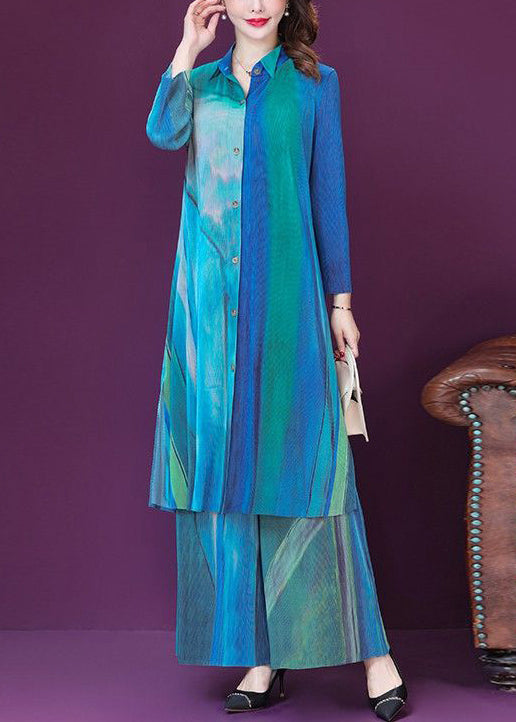 Plus Size Blue Print Side Open Silk Long Shirt And Wide Leg Pants Two Pieces Set Spring LY1017 - fabuloryshop