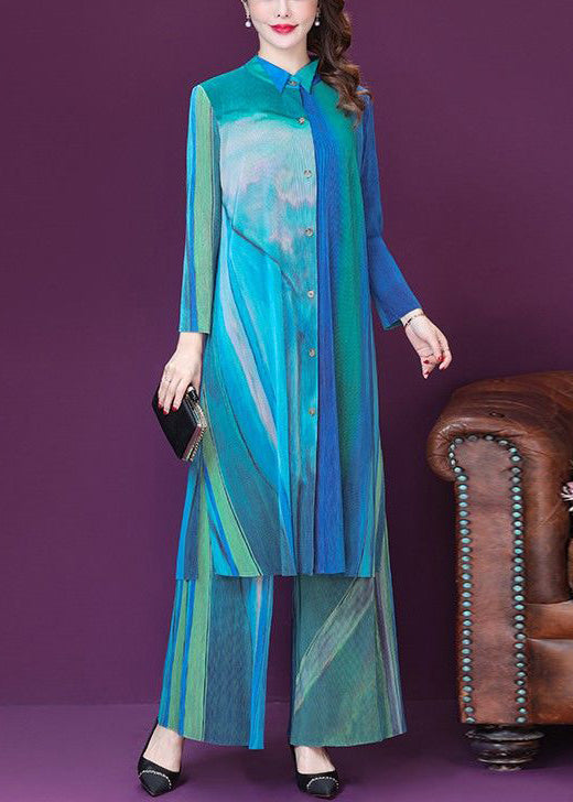 Plus Size Blue Print Side Open Silk Long Shirt And Wide Leg Pants Two Pieces Set Spring LY1017 - fabuloryshop