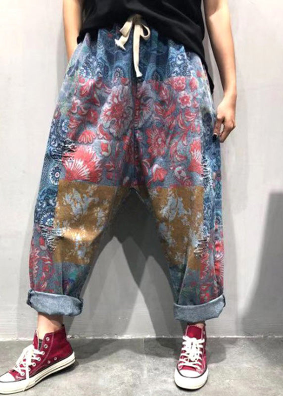 Plus Size Blue Print Tie Waist Ripped Wide Leg Pants Summer Ada Fashion