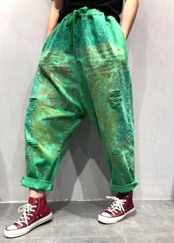 Plus Size Blue Print Tie Waist Ripped Wide Leg Pants Summer Ada Fashion