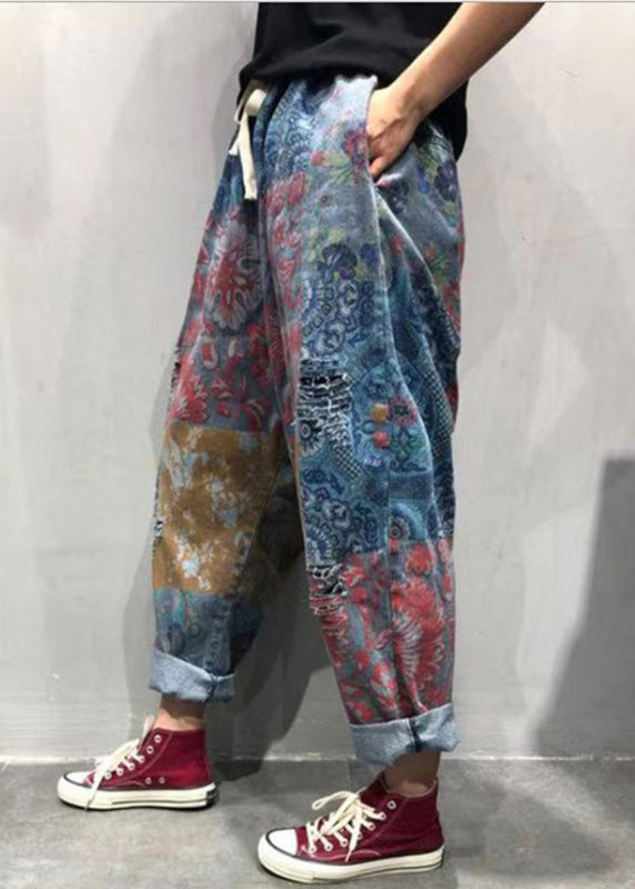 Plus Size Blue Print Tie Waist Ripped Wide Leg Pants Summer Ada Fashion