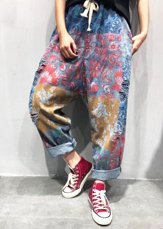 Plus Size Blue Print Tie Waist Ripped Wide Leg Pants Summer Ada Fashion