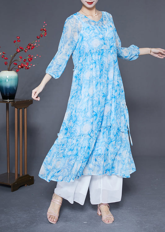 Plus Size Blue Ruffled Patchwork Exra Large Hem Chiffon Beach Dresses Bracelet Sleeve LY2894 - fabuloryshop