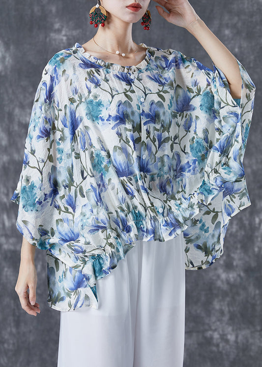 Plus Size Blue Ruffled Print Cotton Shirt Tops Batwing Sleeve LY5003 - fabuloryshop