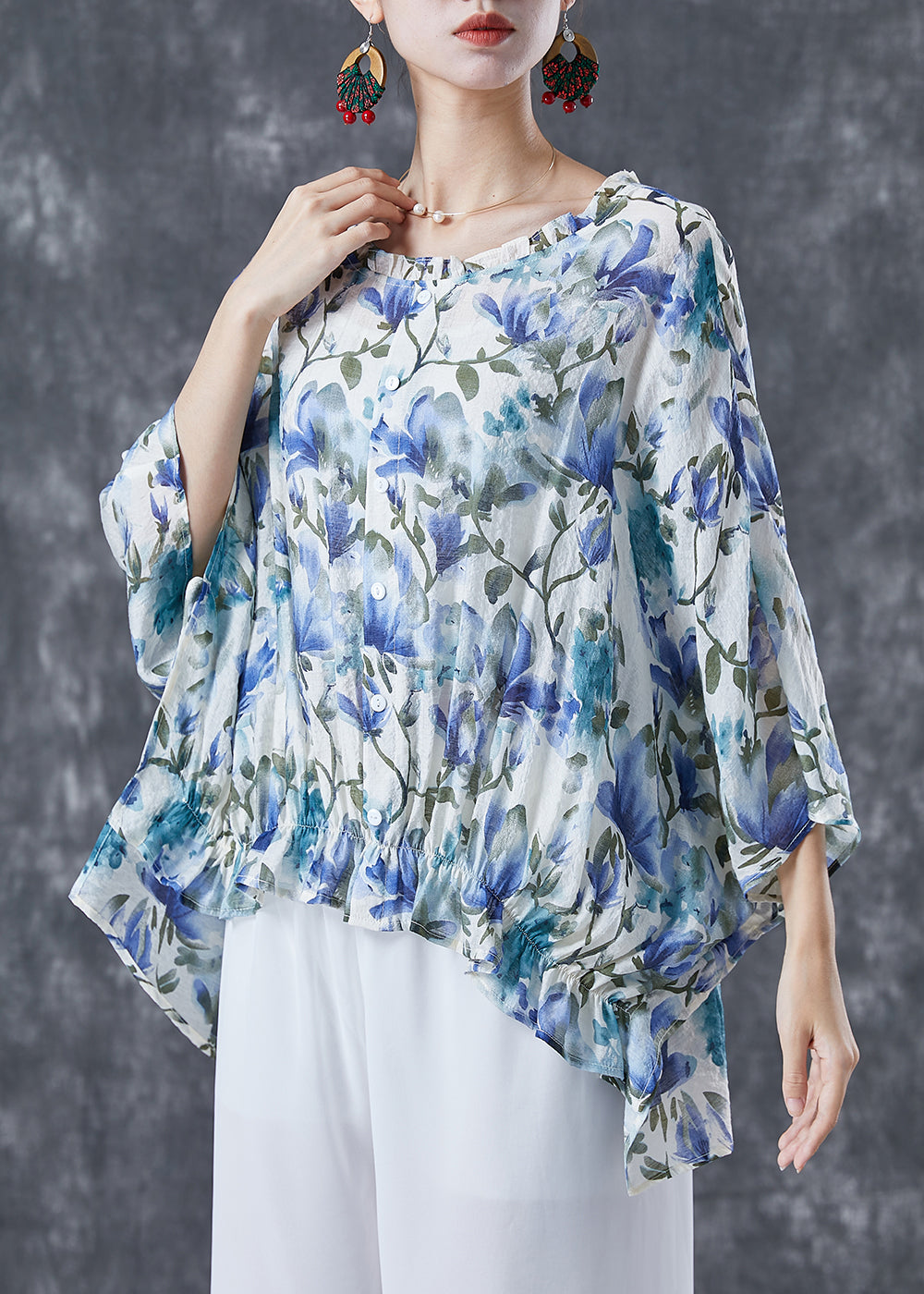 Plus Size Blue Ruffled Print Cotton Shirt Tops Batwing Sleeve LY5003 - fabuloryshop