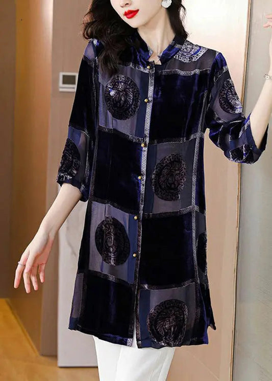 Plus Size Blue Stand Collar Print Patchwork Velour Shirt Fall Ada Fashion