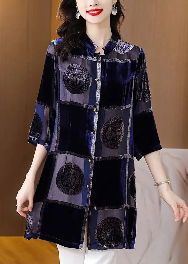 Plus Size Blue Stand Collar Print Patchwork Velour Shirt Fall Ada Fashion