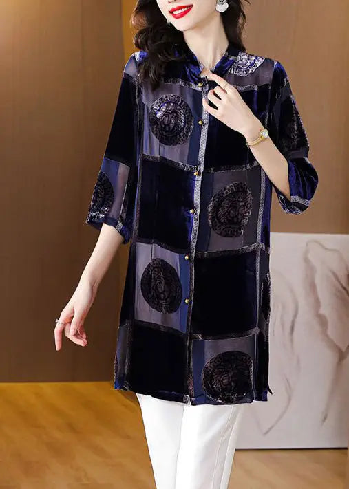 Plus Size Blue Stand Collar Print Patchwork Velour Shirt Fall Ada Fashion