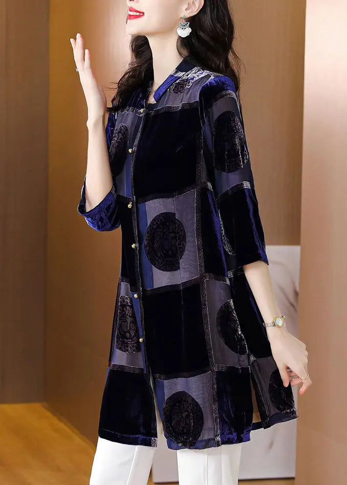 Plus Size Blue Stand Collar Print Patchwork Velour Shirt Fall Ada Fashion