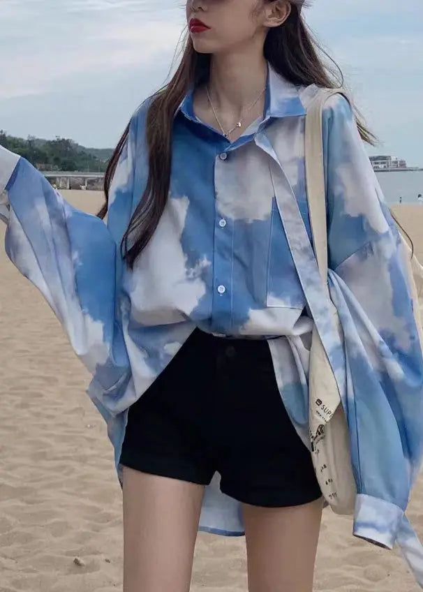 Plus Size Blue Tie Dye Button Patchwork Cotton Shirt Top Fall Ada Fashion